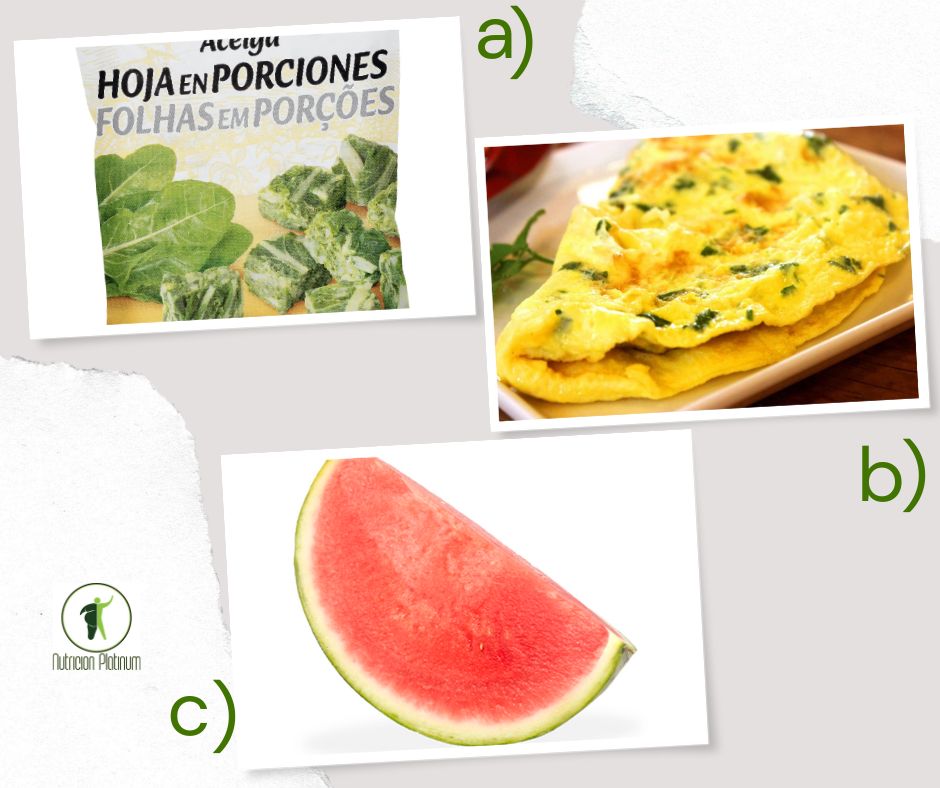 Acelgas congeladas con tortilla con perejil y 1 tajada de sandia tamaño PUÑO.
